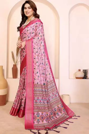 Pink floral zari silk cotton designer saree