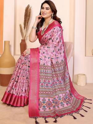 Pink floral zari silk cotton designer saree 3