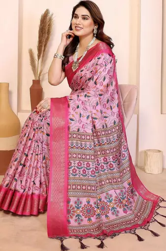 Pink floral zari silk cotton designer saree
