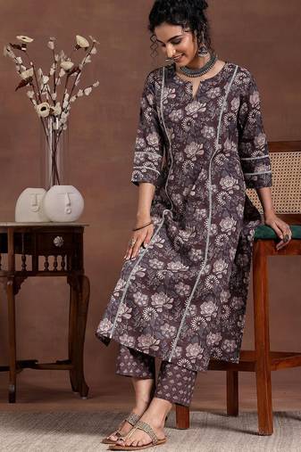 floral printed notch neck straight kurta with trousers