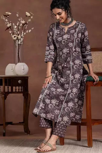 floral printed notch neck straight kurta with trousers