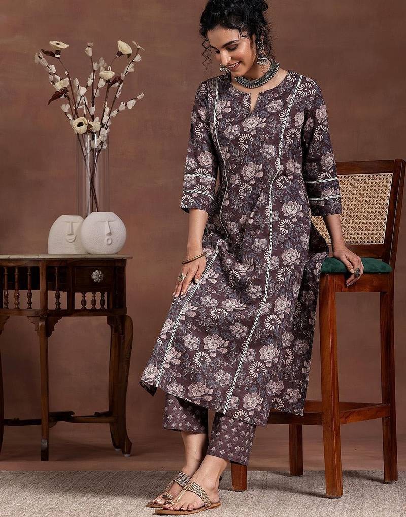 floral printed notch neck straight kurta with trousers