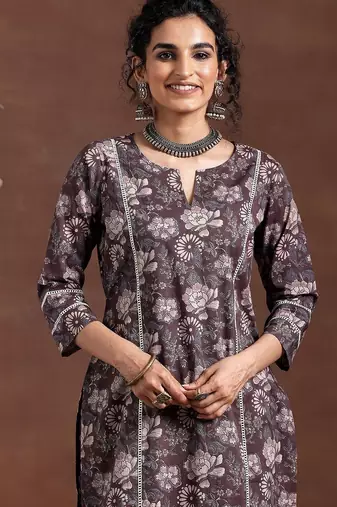 floral printed notch neck straight kurta with trousers