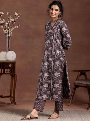 floral printed notch neck straight kurta with trousers 3