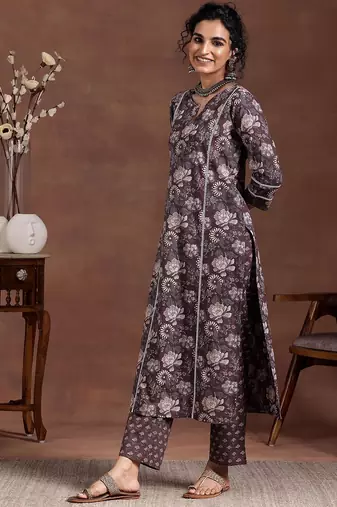 floral printed notch neck straight kurta with trousers
