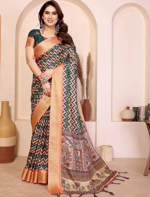 Green kalamkari zari silk cotton designer saree 1