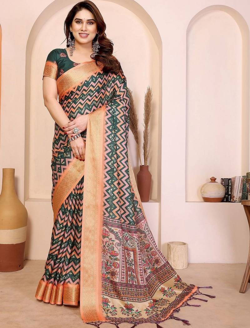Green kalamkari zari silk cotton designer saree