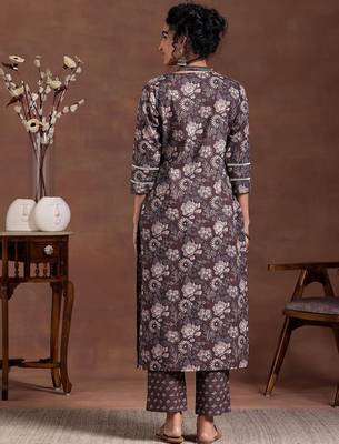 floral printed notch neck straight kurta with trousers 4