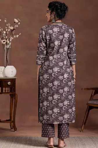 floral printed notch neck straight kurta with trousers