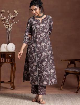 floral printed notch neck straight kurta with trousers 5