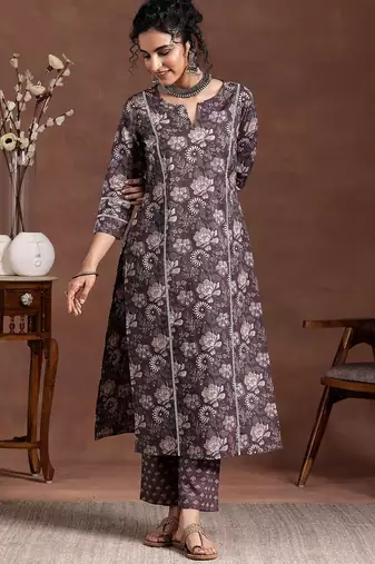 floral printed notch neck straight kurta with trousers