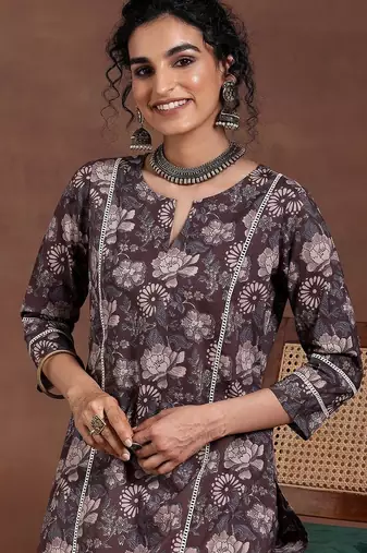 floral printed notch neck straight kurta with trousers
