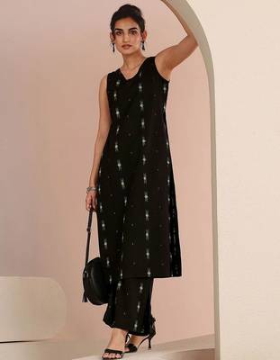 libas black woven design straight kurta set 1