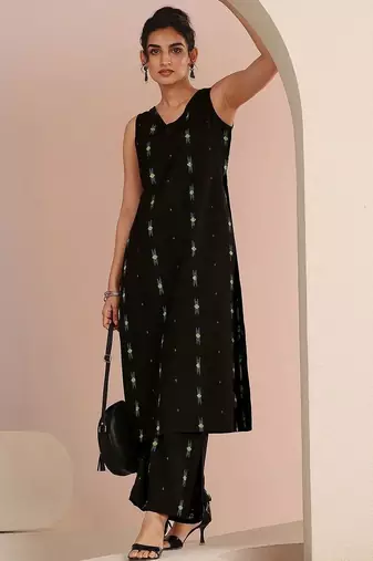 libas black woven design straight kurta set