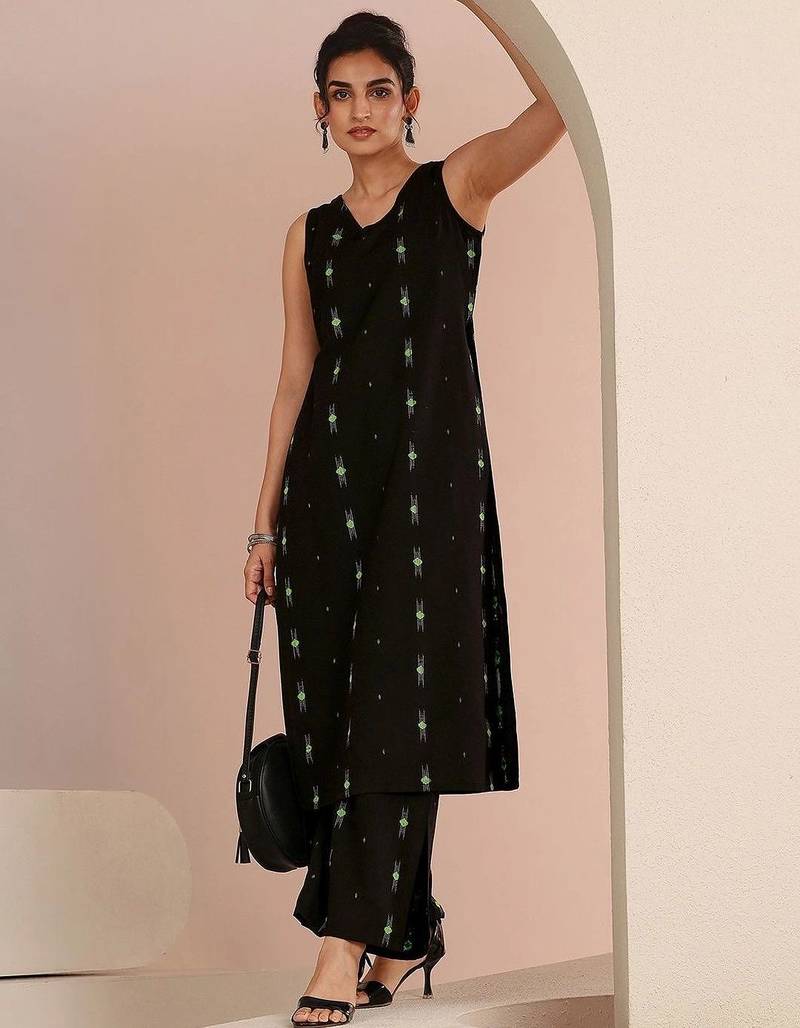 libas black woven design straight kurta set