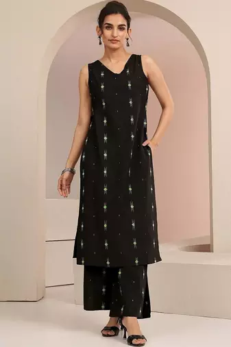 libas black woven design straight kurta set