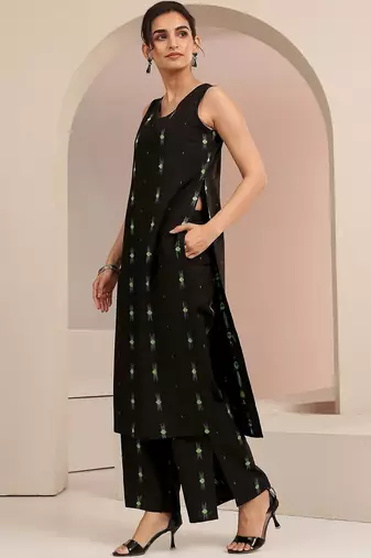 libas black woven design straight kurta set