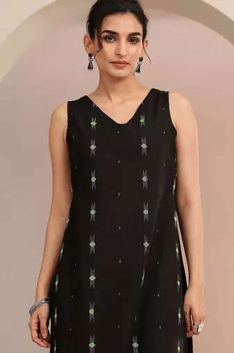 libas black woven design straight kurta set