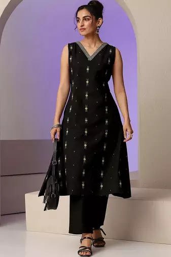 libas black woven design a-line kurta set