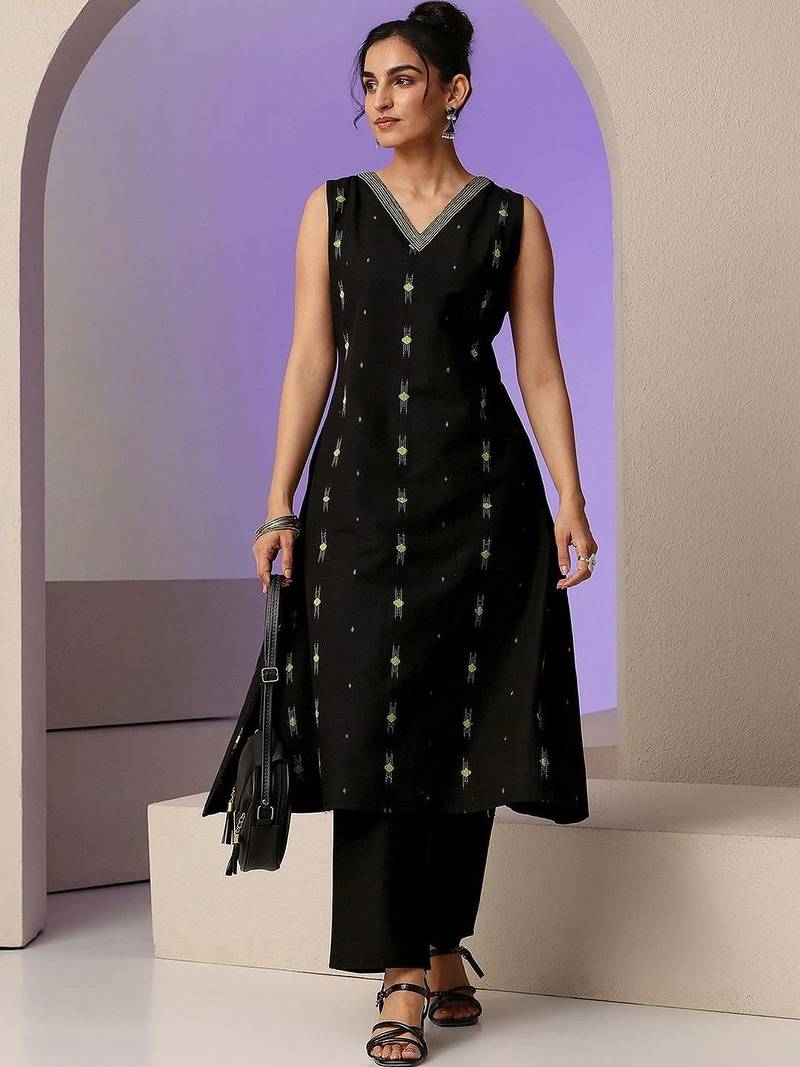 libas black woven design a-line kurta set