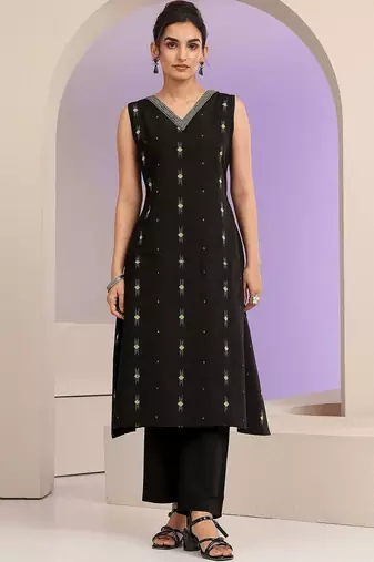 libas black woven design a-line kurta set