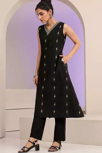 libas black woven design a-line kurta set