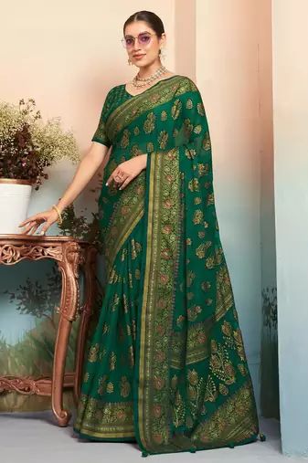 Green floral zari poly georgette saree
