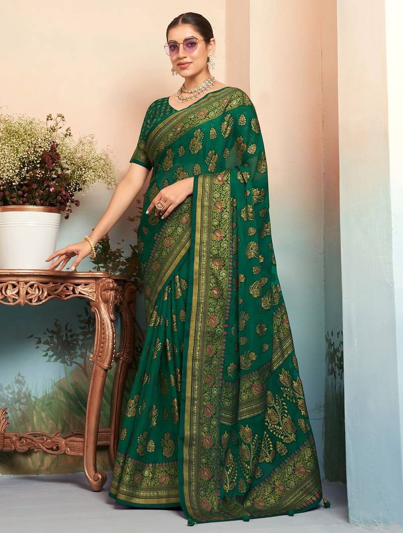 Green floral zari poly georgette saree