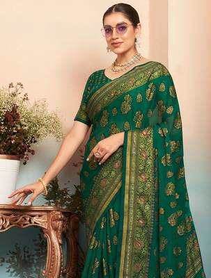 Green floral zari poly georgette saree 2