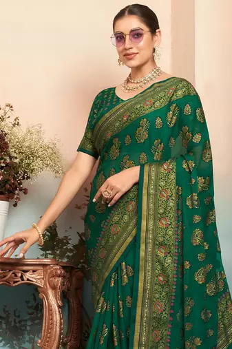 Green floral zari poly georgette saree