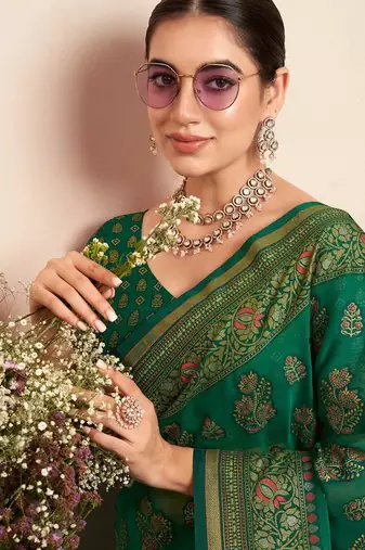 Green floral zari poly georgette saree
