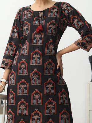 women ethnic motifs printed regular cotton blend kurta with trousers 2