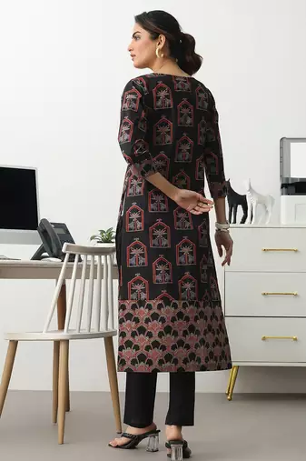 women ethnic motifs printed regular cotton blend kurta with trousers