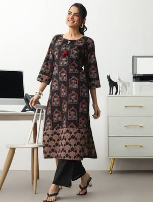 women ethnic motifs printed regular cotton blend kurta with trousers 4