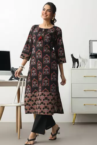 women ethnic motifs printed regular cotton blend kurta with trousers
