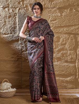 Black ethnic motifs silk blend bagru saree 1