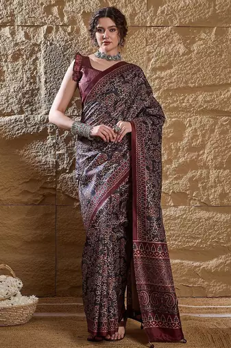 Black ethnic motifs silk blend bagru saree