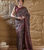 Black ethnic motifs silk blend bagru saree