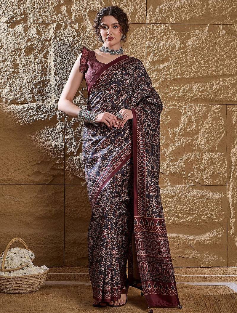 Black ethnic motifs silk blend bagru saree