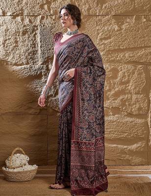 Black ethnic motifs silk blend bagru saree 2
