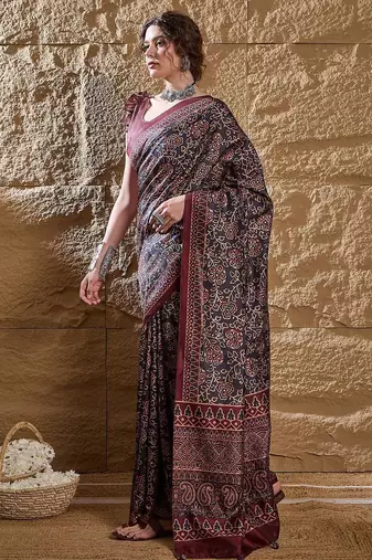 Black ethnic motifs silk blend bagru saree