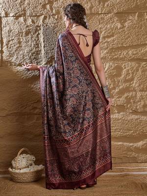 Black ethnic motifs silk blend bagru saree 3