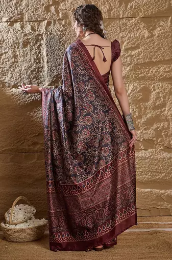 Black ethnic motifs silk blend bagru saree