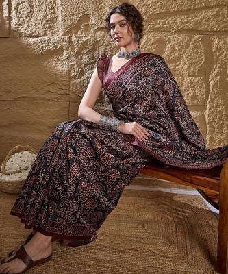 Black ethnic motifs silk blend bagru saree 4