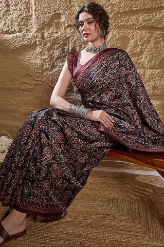 Black ethnic motifs silk blend bagru saree