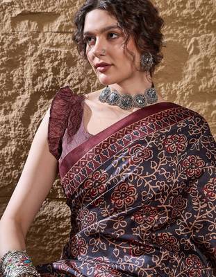 Black ethnic motifs silk blend bagru saree 5