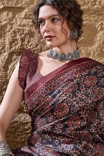 Black ethnic motifs silk blend bagru saree