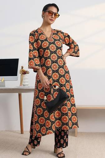 libas black ajrakh print a-line kurta set