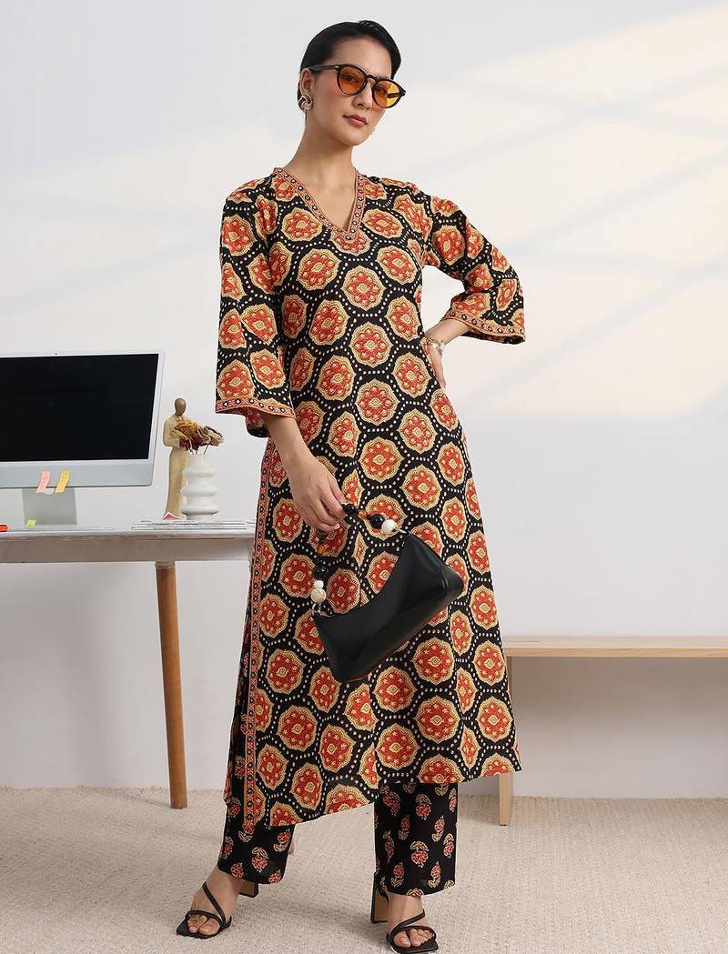 libas black ajrakh print a-line kurta set