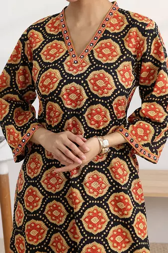 libas black ajrakh print a-line kurta set